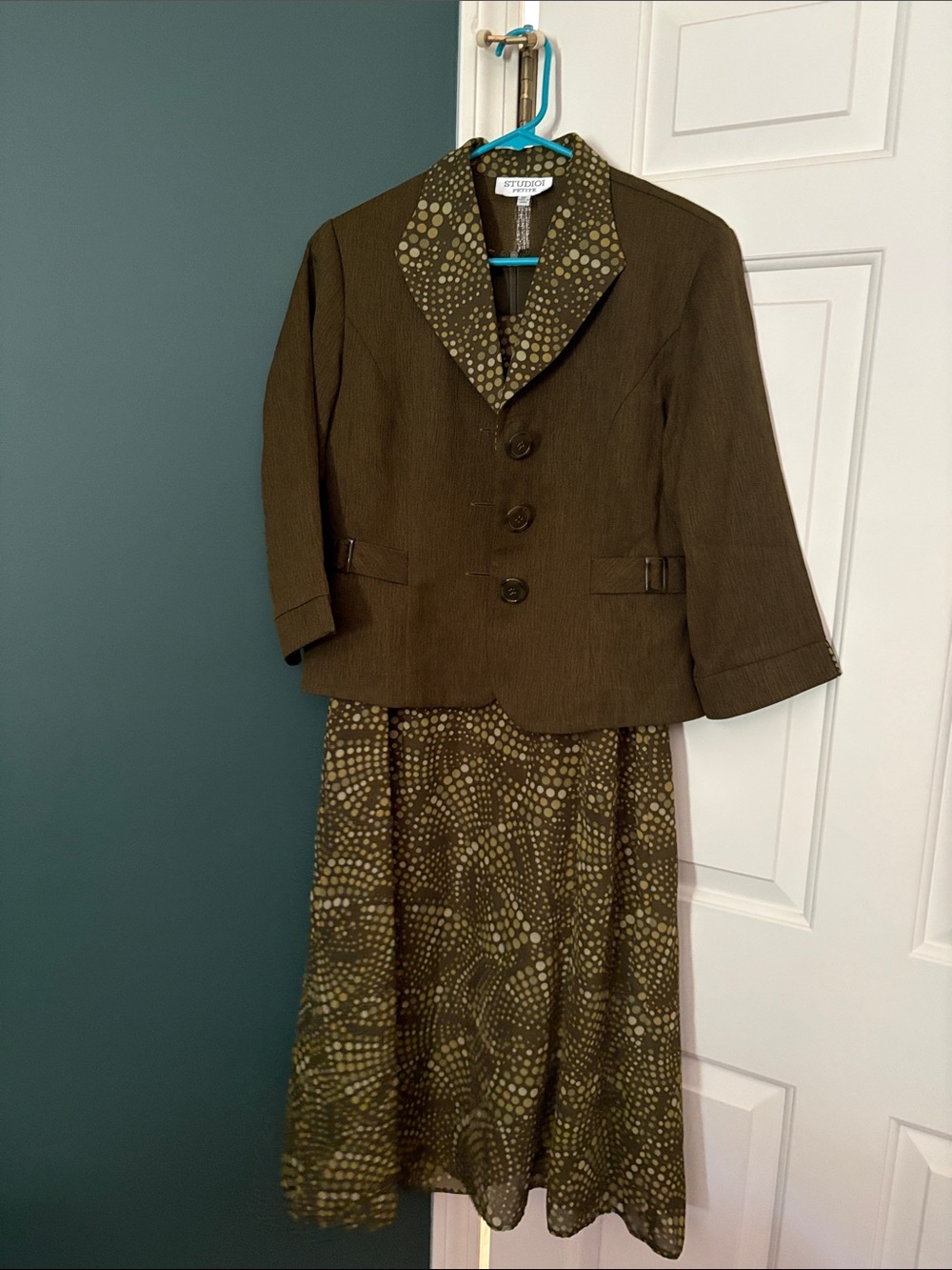 St. John Olive Green Printed Trim Skirt Suit